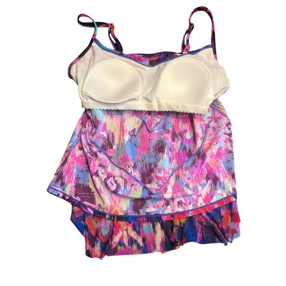 St. Tropez Mesh 3-Tiered Tankini top Swimsuit Pink Multi Size 16 QVC tropical - Picture 5 of 5